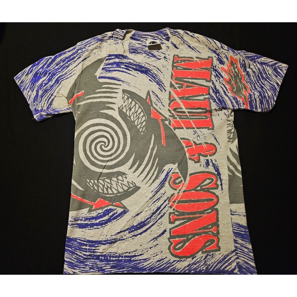VTG 80s 90s Maui and Sons Shark Surf All Over Print T Shirt USA M Rad Neon